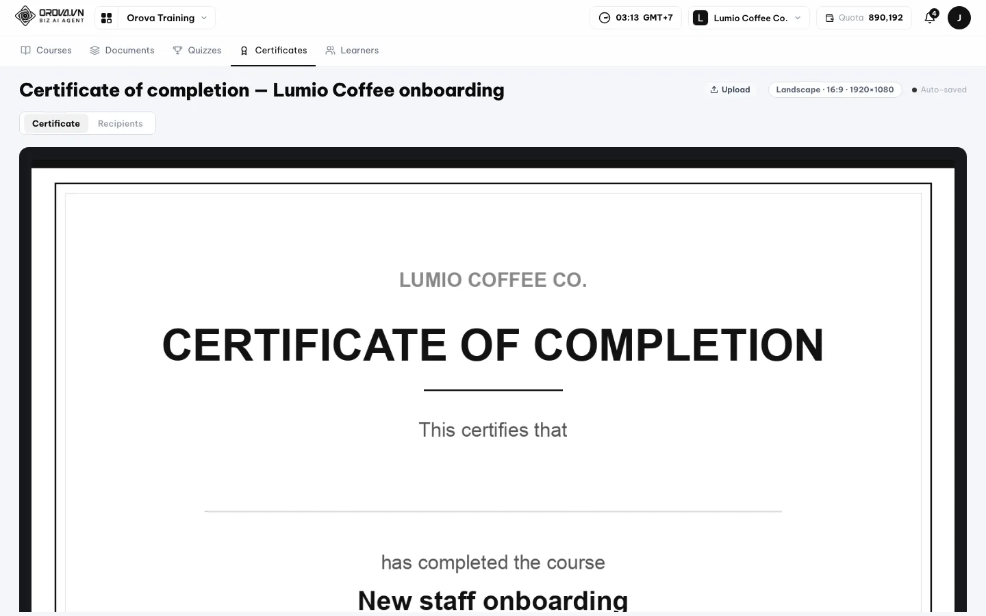 Editor del certificato con il modello Attestato di completamento per Lumio Coffee