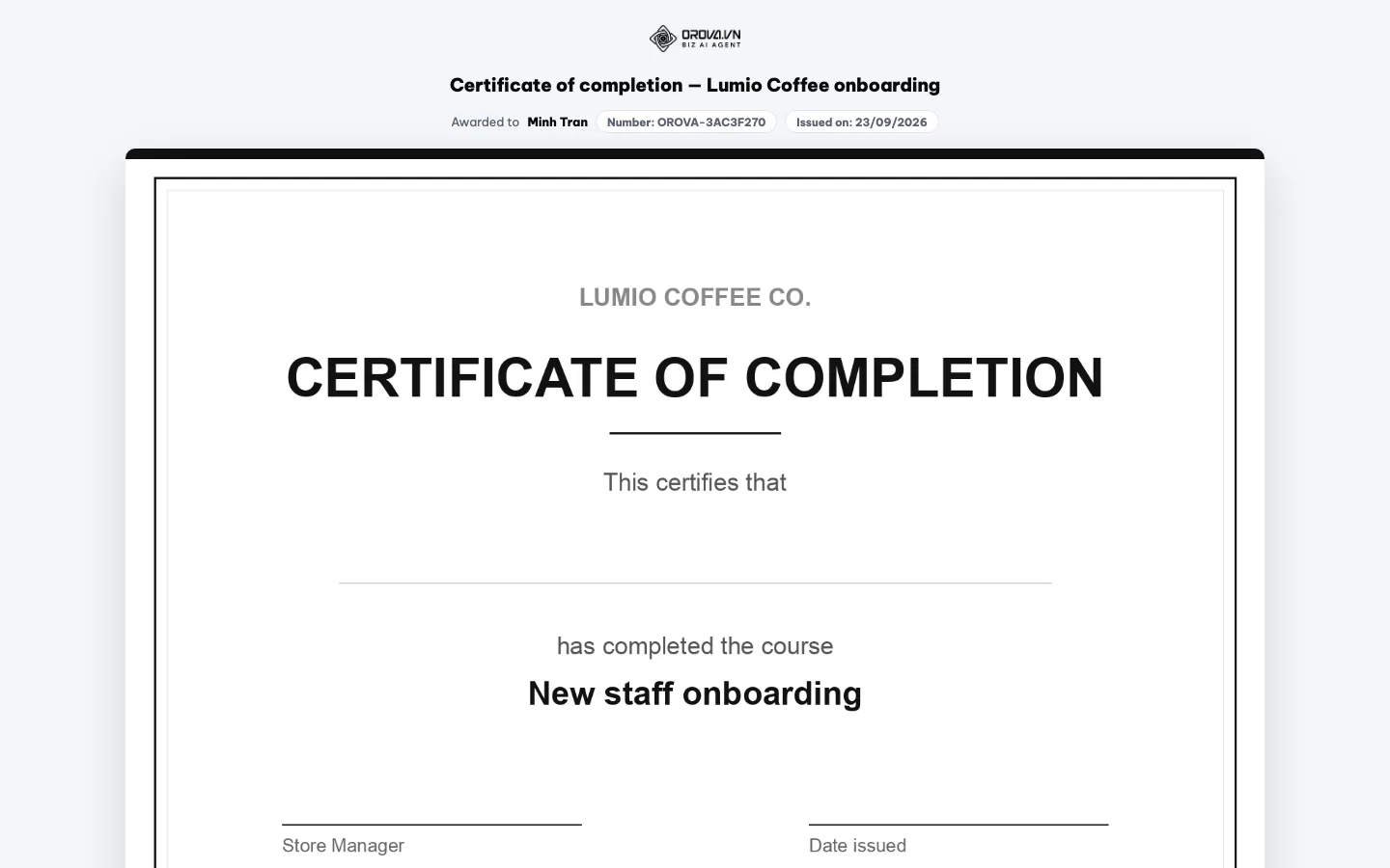 Pagina pubblica di verifica del certificato OROVA-3AC3F270 assegnato a Minh Tran
