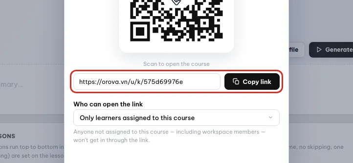 Link del corso con il pulsante Copia link sotto il codice QR