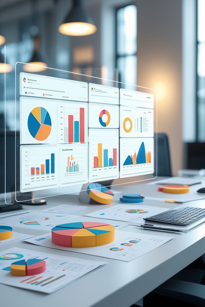 3D marketing dashboard charts above a desk, built from GA4 and Google Ads data