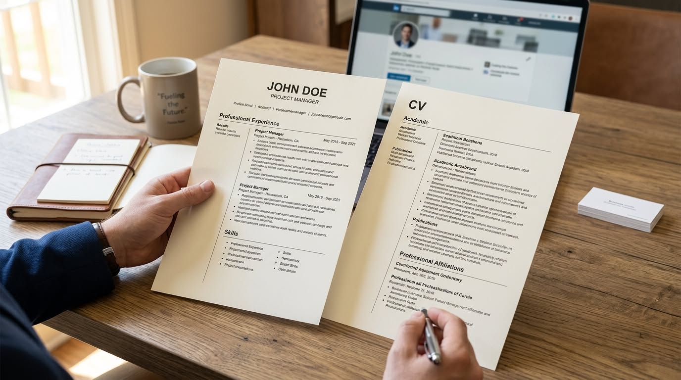 Recruiter holding two CVs beside a laptop, screening candidates in the Orova Recruit applicant tracking system