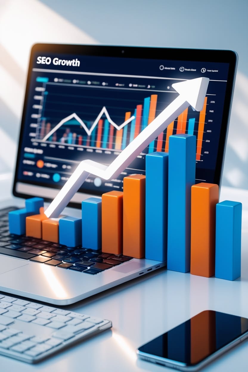 SEO growth chart on a laptop — Orova SEO tools tracking keyword rankings