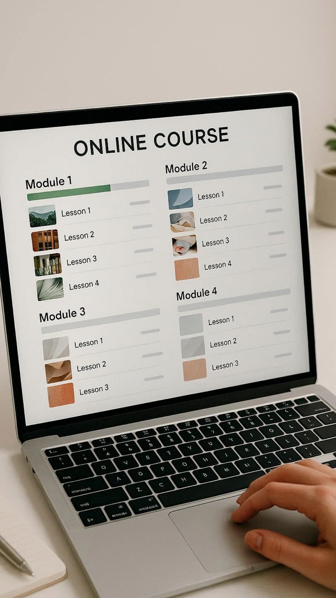 An online course screen on a laptop, split into modules and lessons