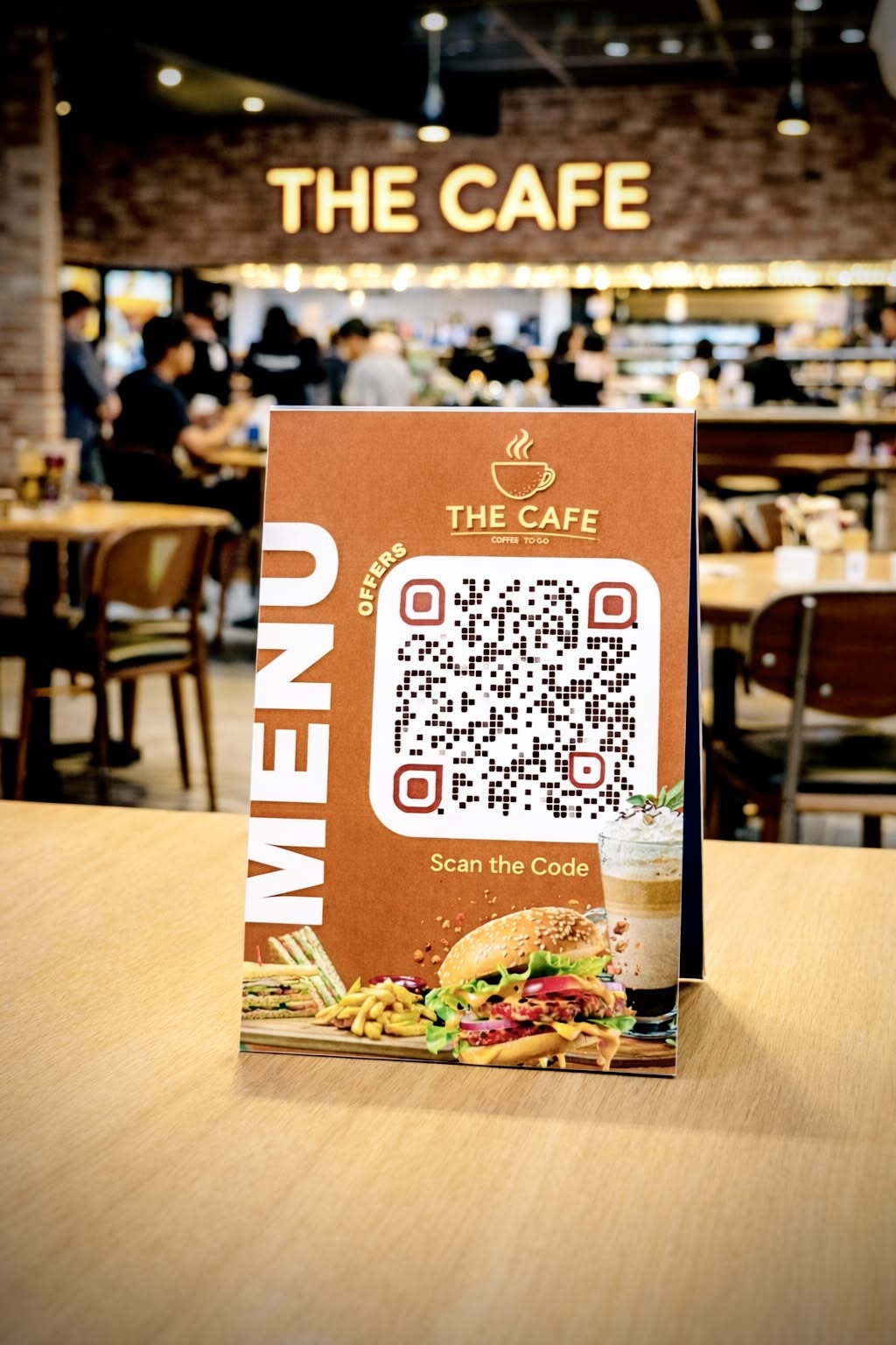 A QR code menu standee inside a café