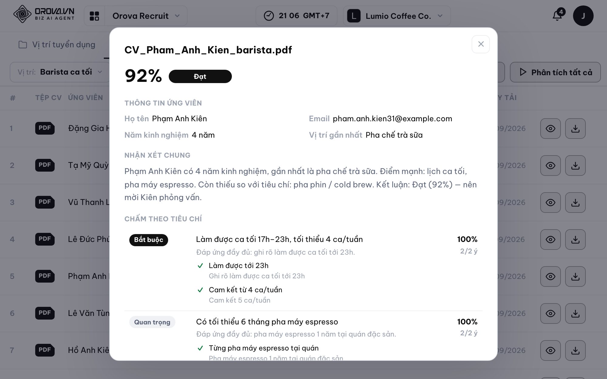 Orova Recruit — Sàng lọc CV hàng loạt: Chấm có bằng chứng, không cảm tính