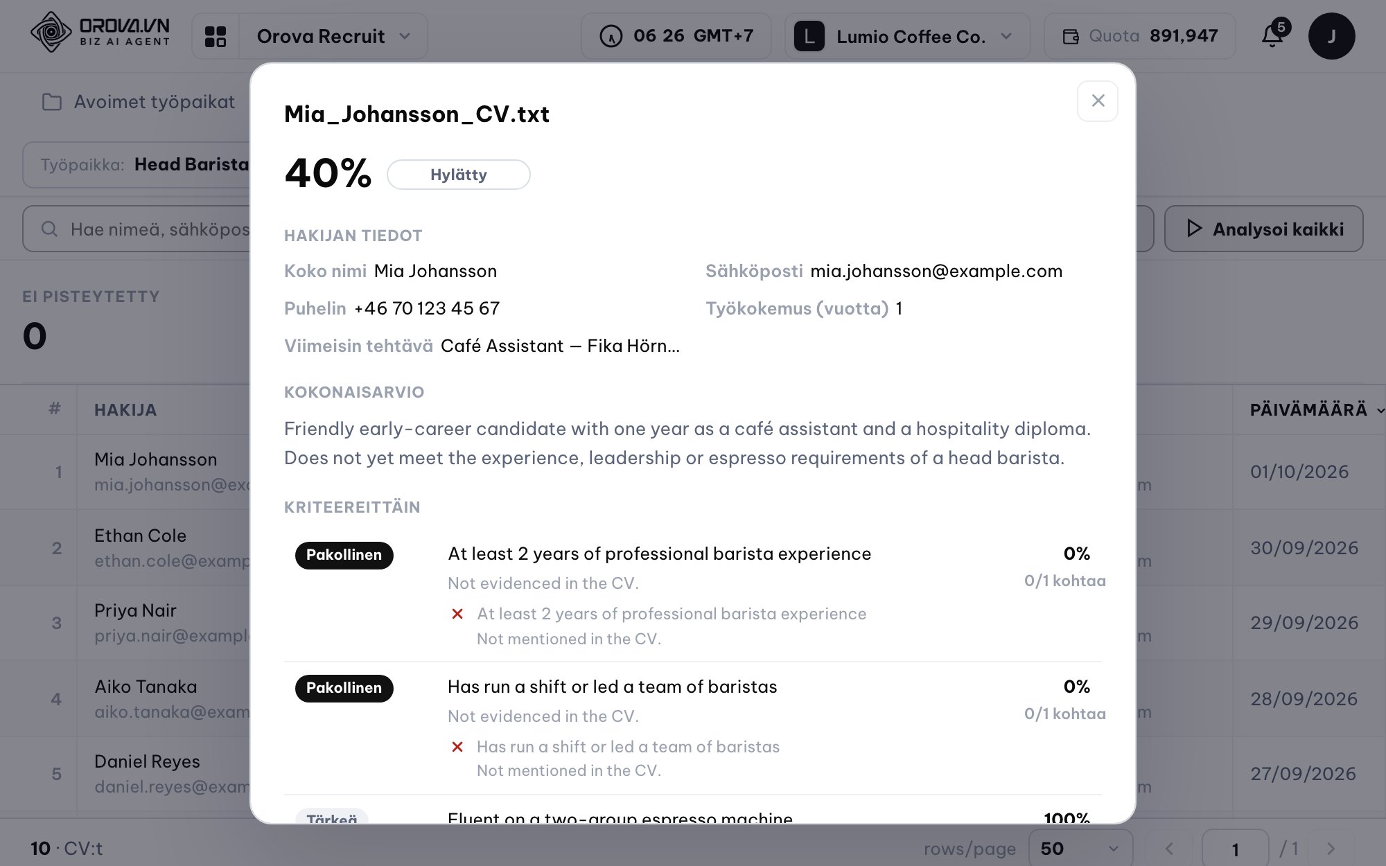 Orova Recruit — CV-massaseulonta: pisteytys näytön perusteella, ei mutulla