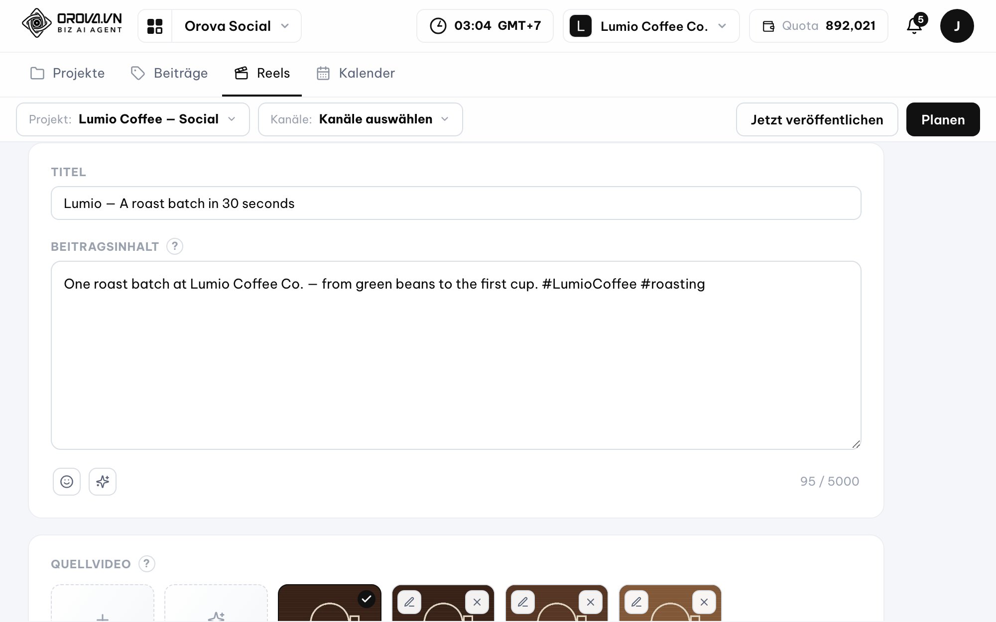 Short video clipping in Orova Social