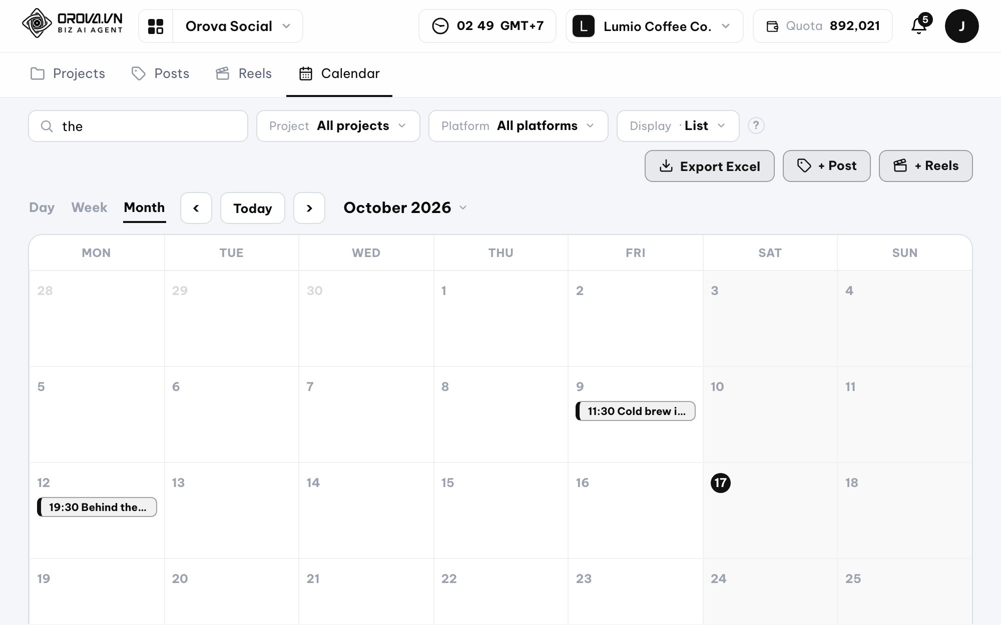 Publishing calendar in Orova Social