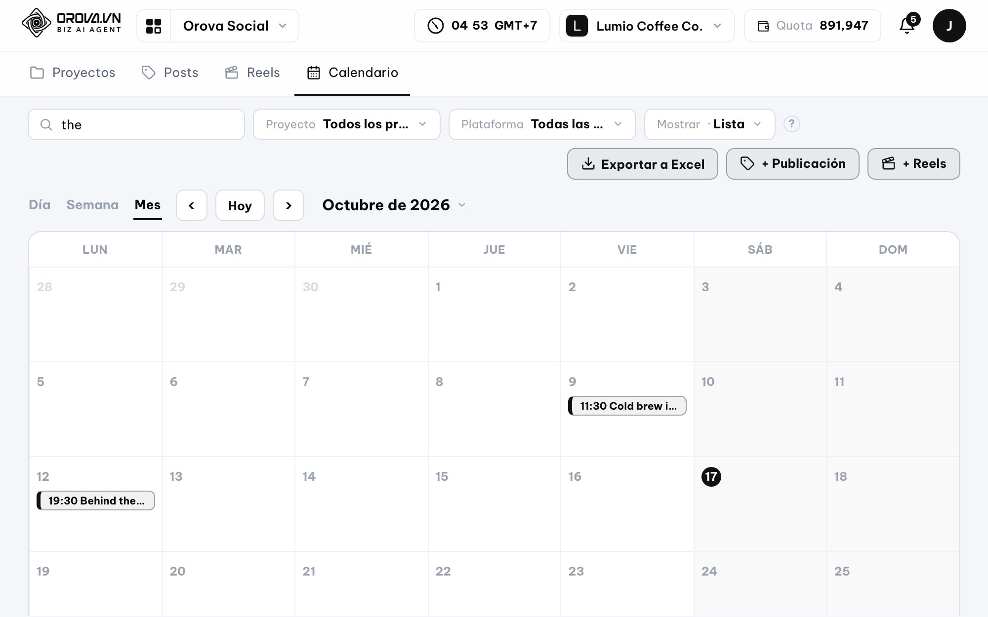 Publishing calendar in Orova Social