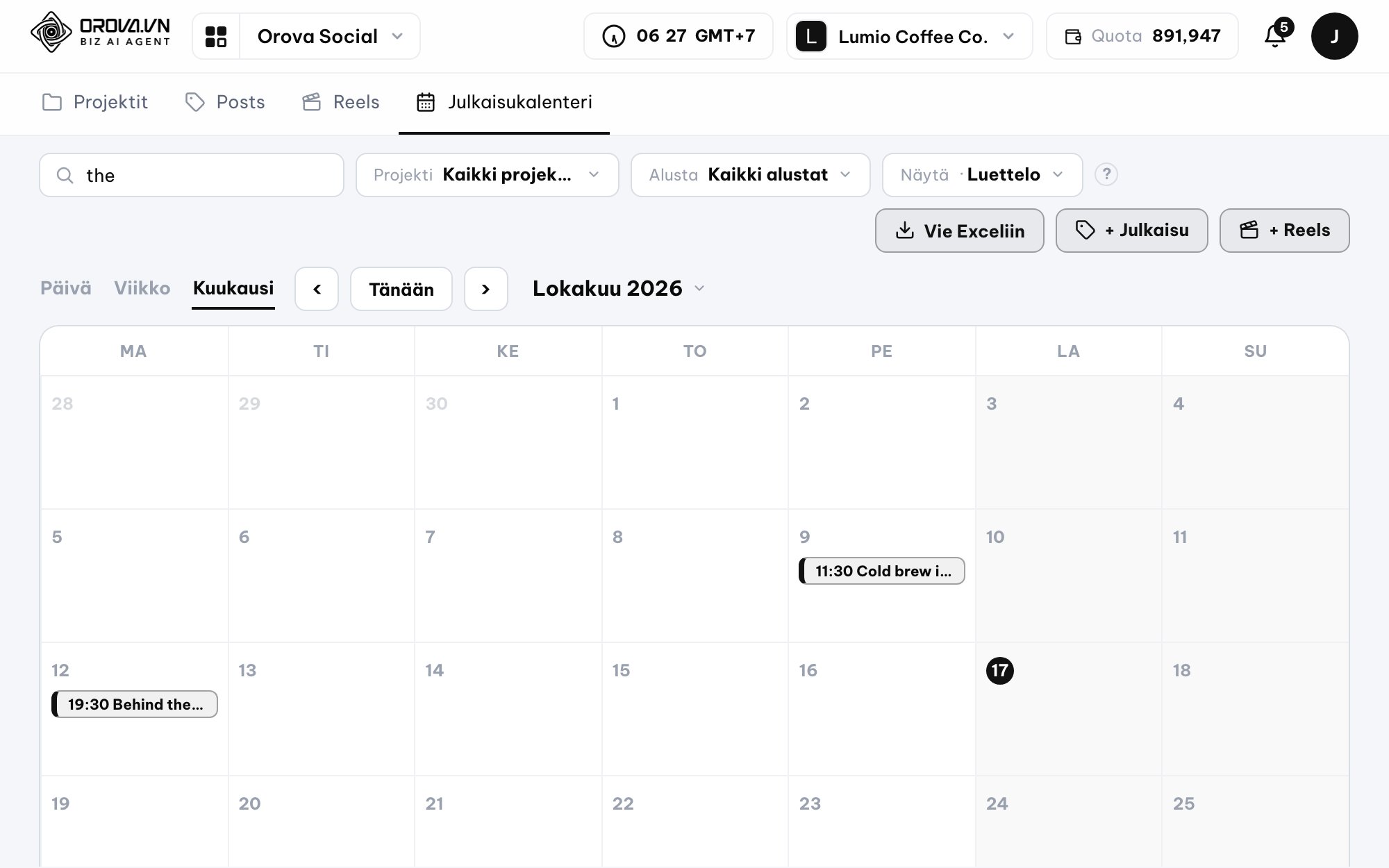 Publishing calendar in Orova Social