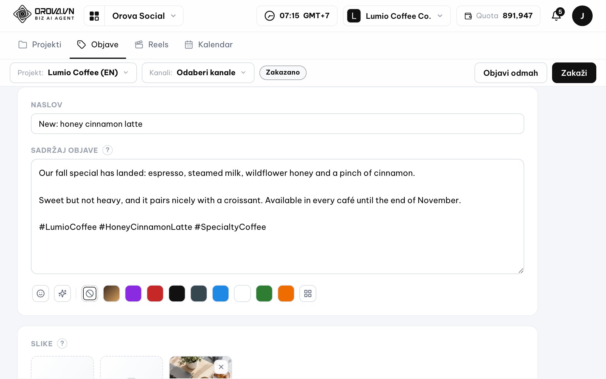 Multi-channel post composer in Orova Social