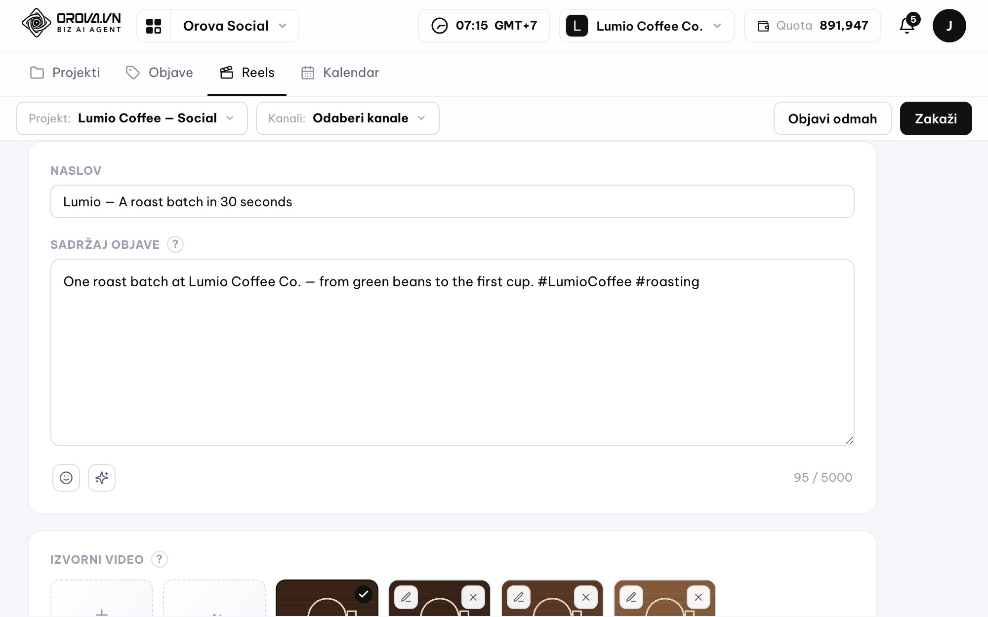 Short video clipping in Orova Social