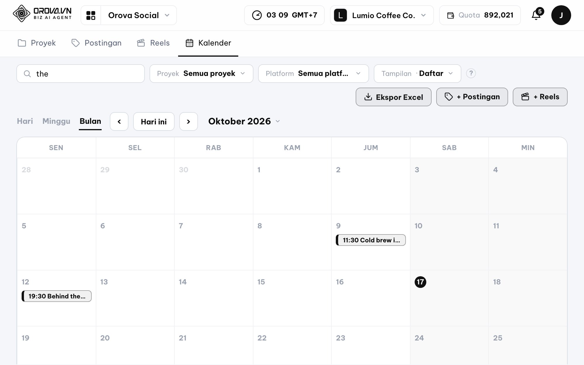 Publishing calendar in Orova Social