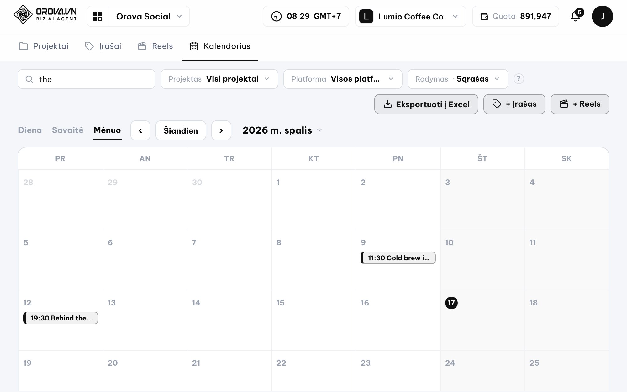 Publishing calendar in Orova Social