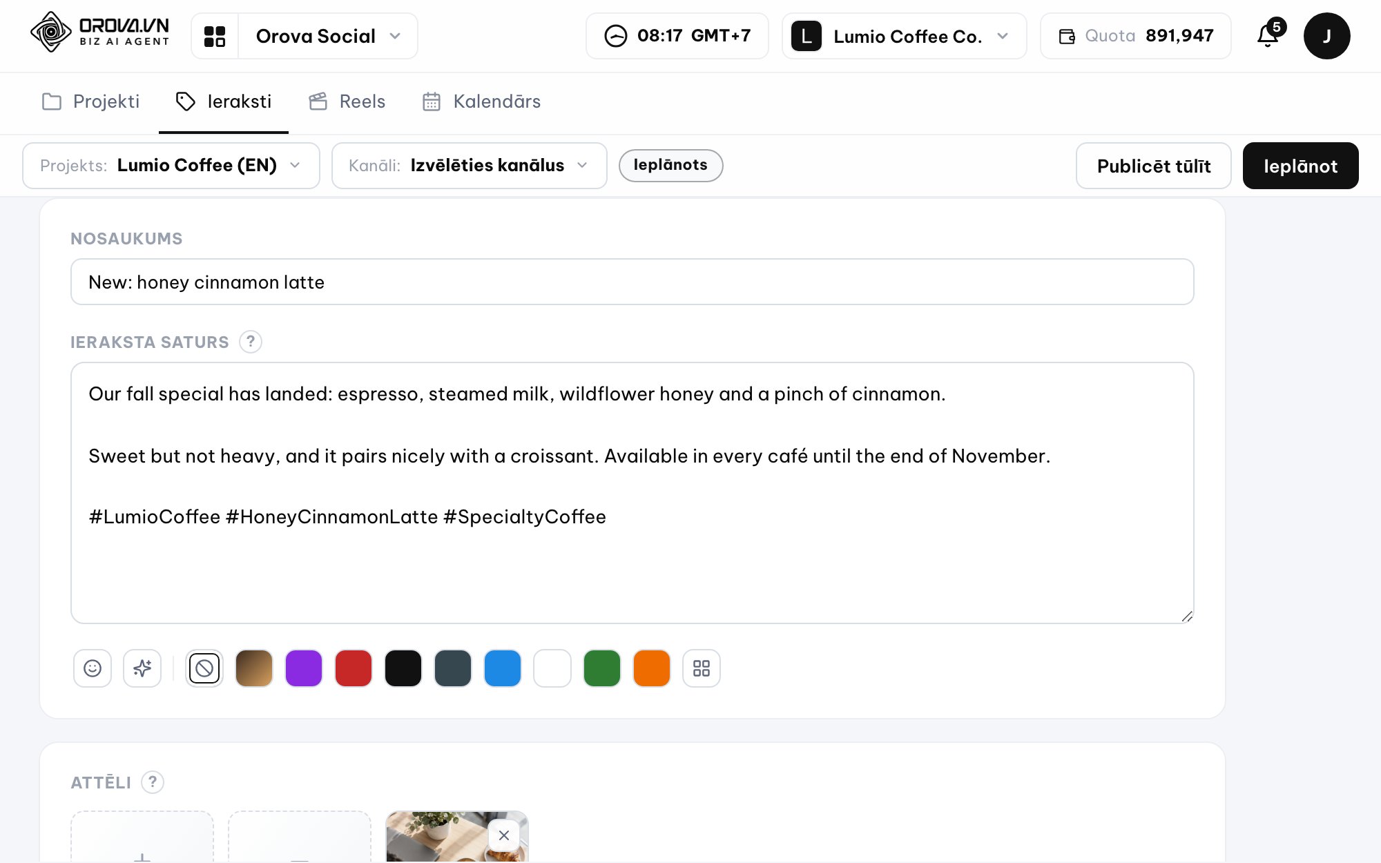 Multi-channel post composer in Orova Social