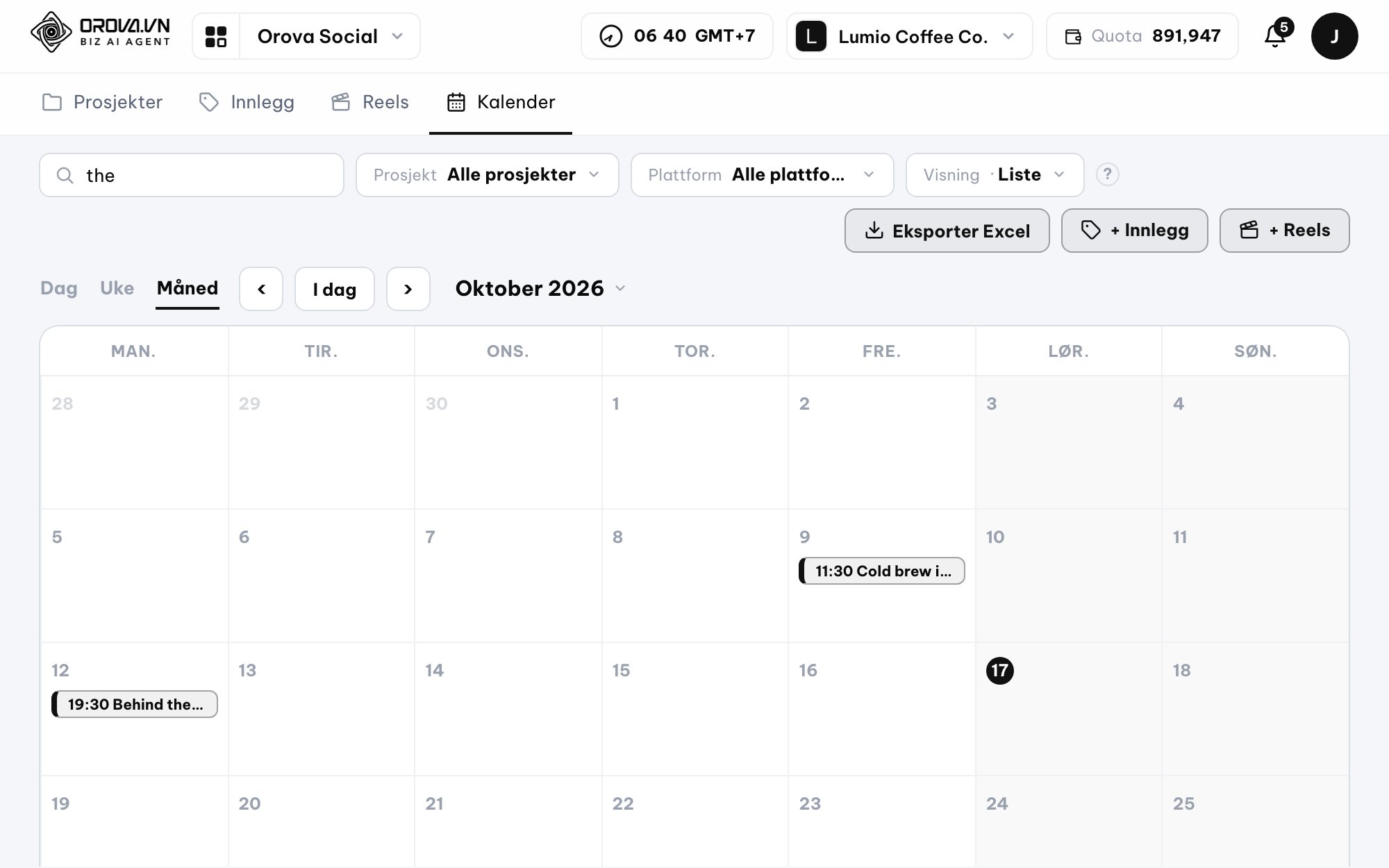 Publishing calendar in Orova Social