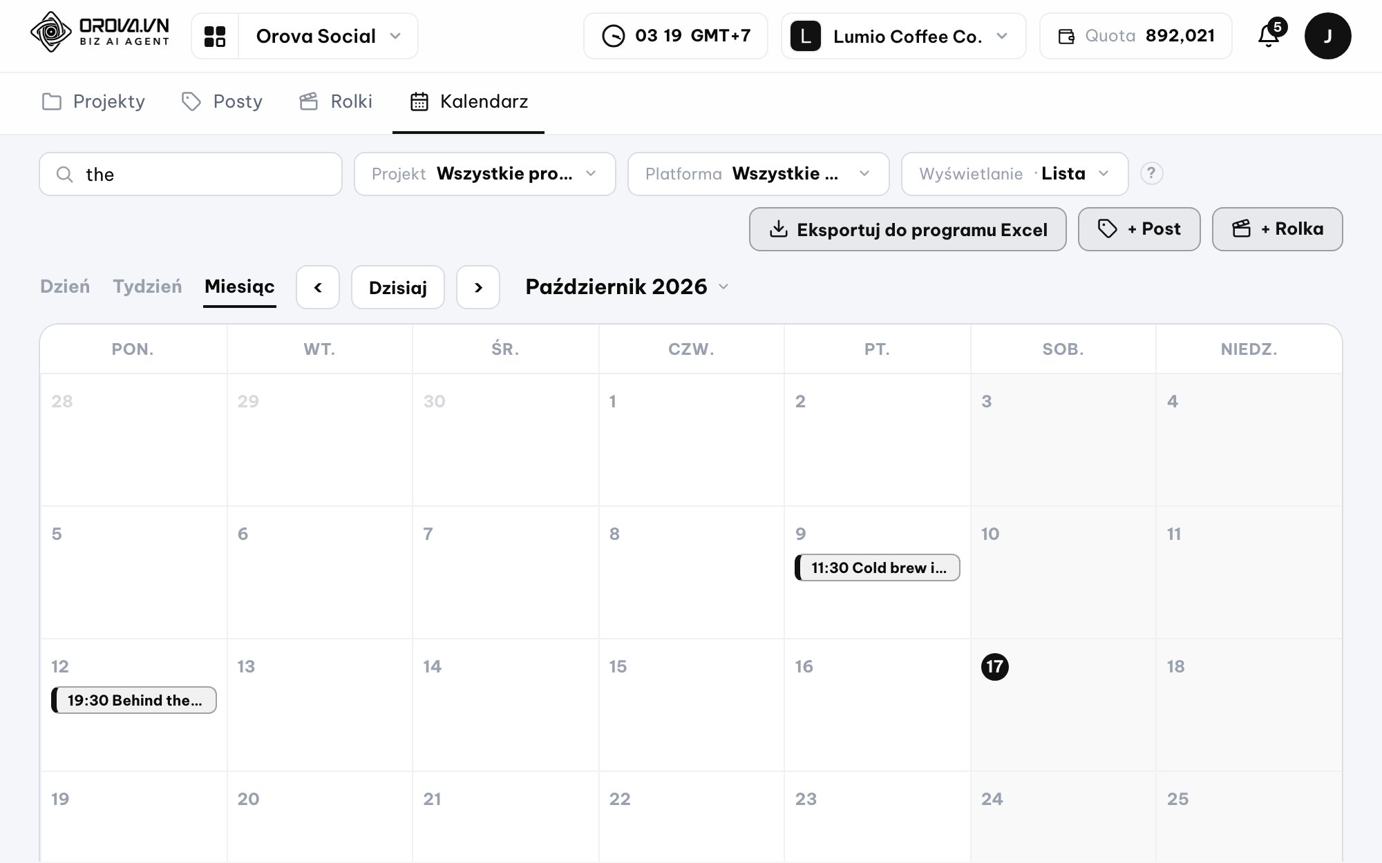 Publishing calendar in Orova Social