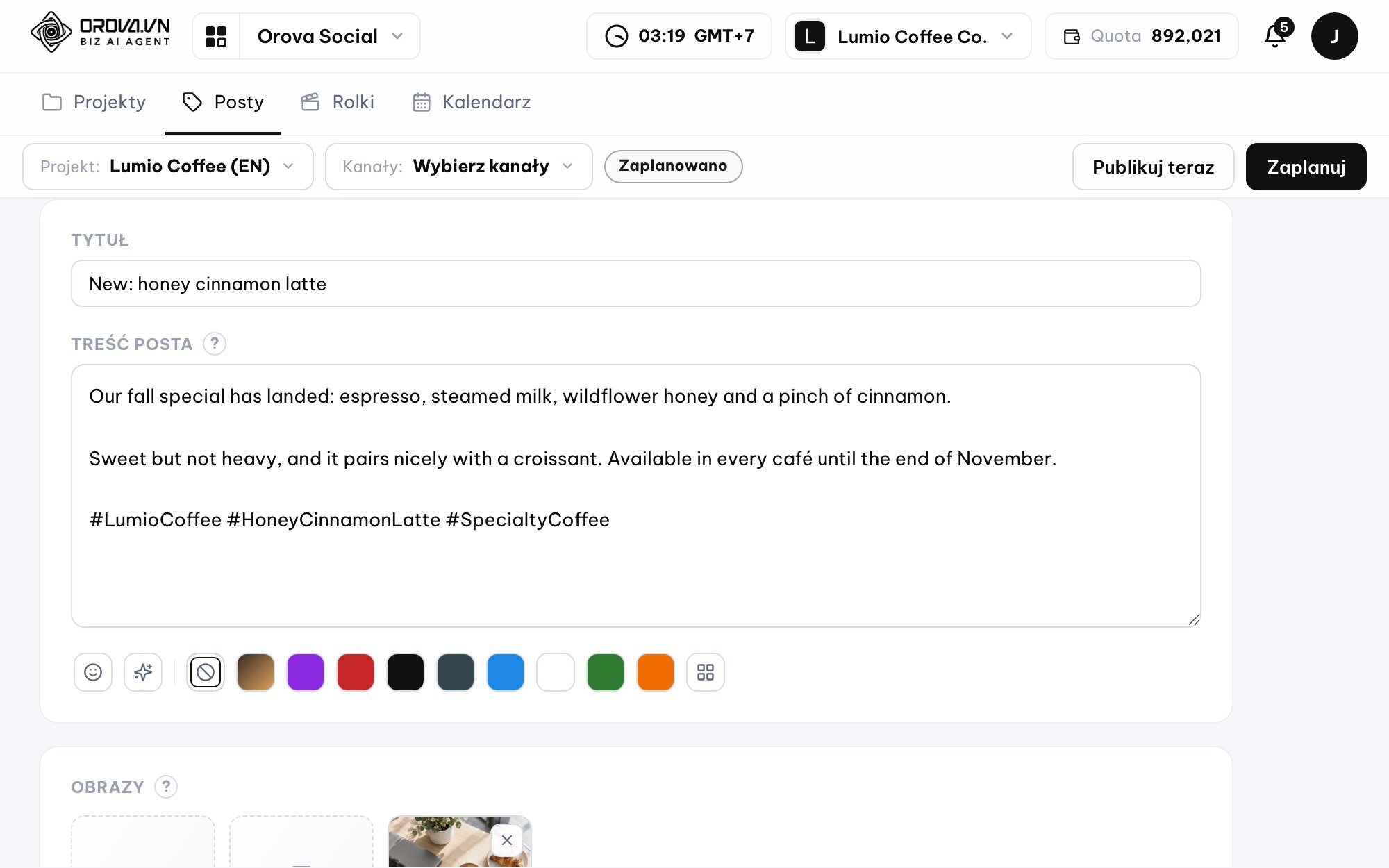 Multi-channel post composer in Orova Social
