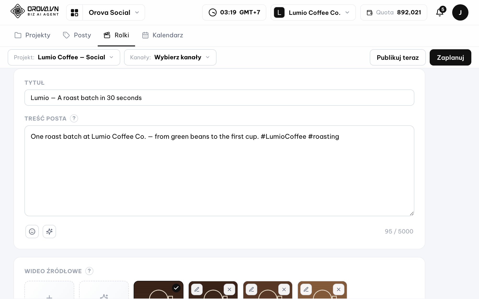 Short video clipping in Orova Social