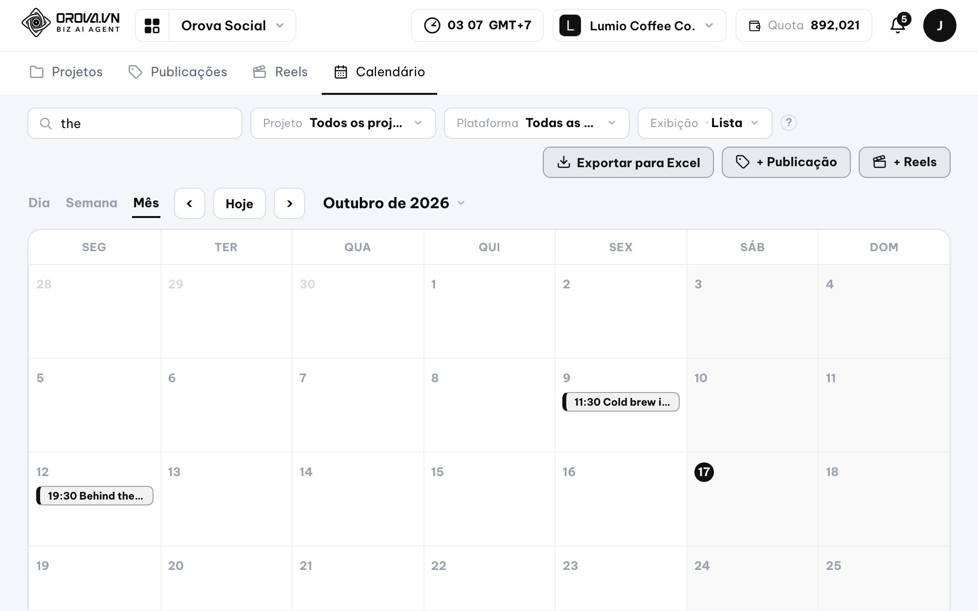 Publishing calendar in Orova Social