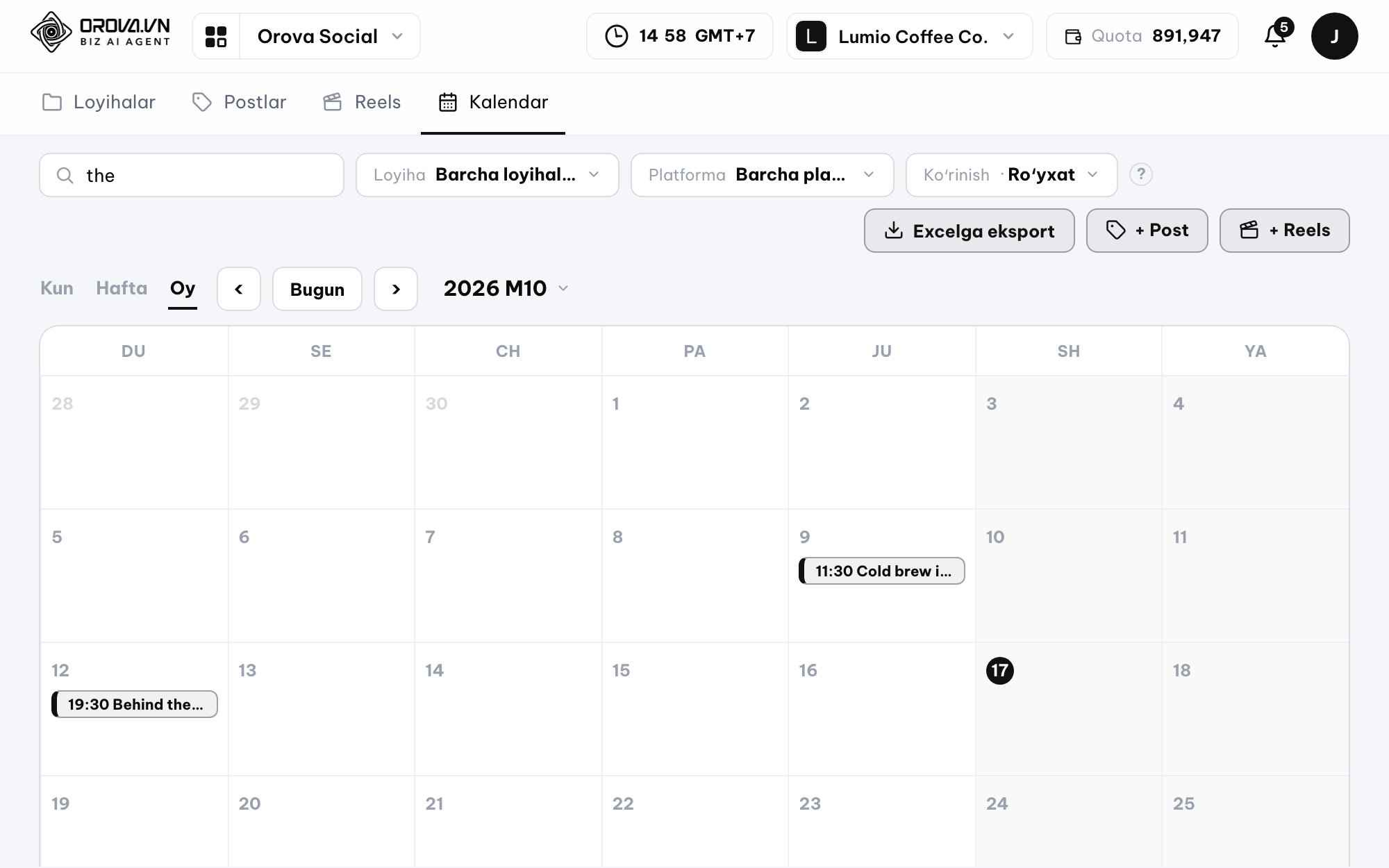 Publishing calendar in Orova Social