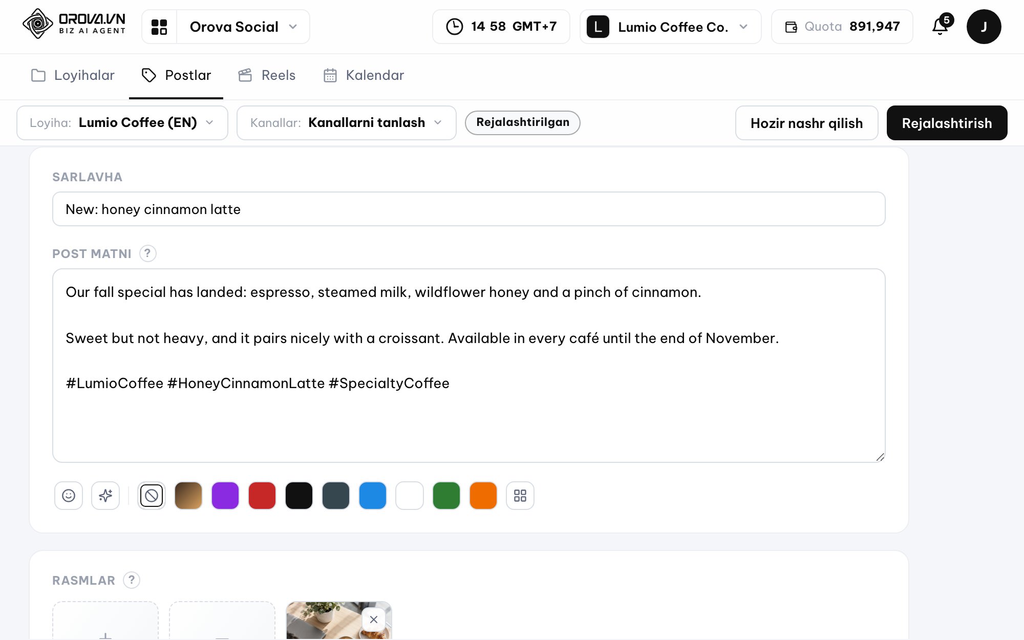 Multi-channel post composer in Orova Social