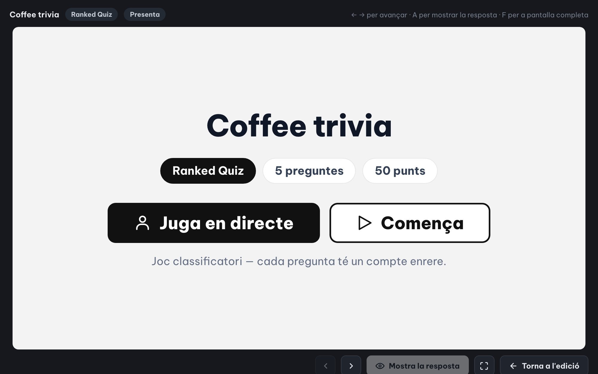 Qüestionaris en directe per a tota la sala (Ranked Mode)