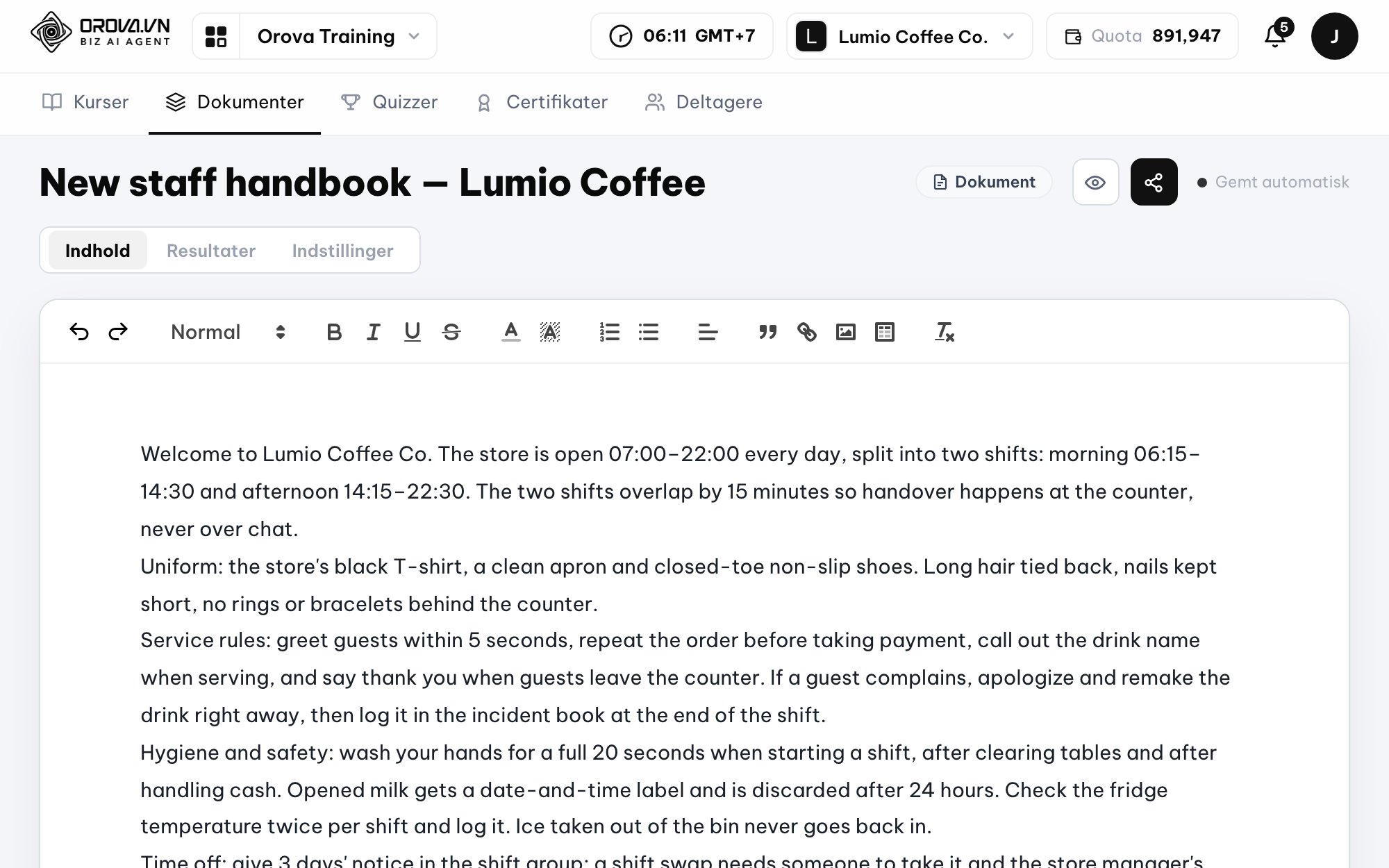 Orova Training — Inputdokument