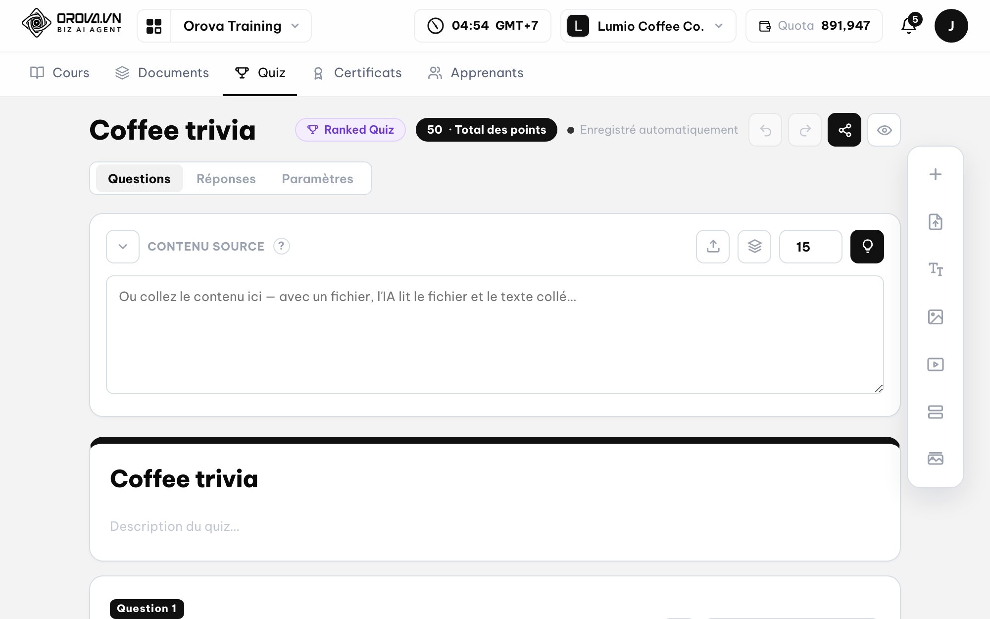 Création rapide de contenus pédagogiques (AI Generation) — Des quiz générés en quelques secondes
