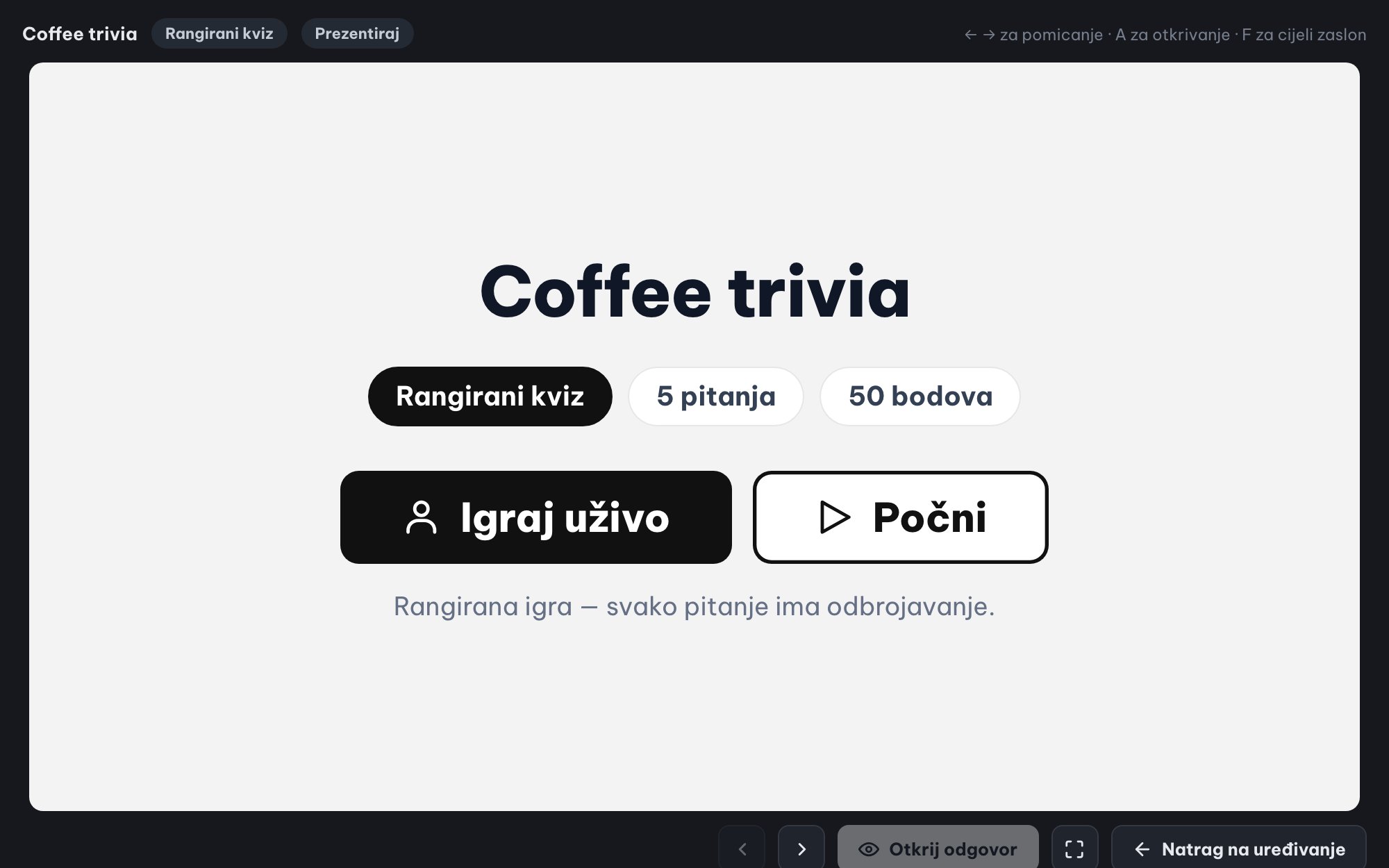 Kvizovi uživo za cijelu dvoranu (Rangirani kviz)