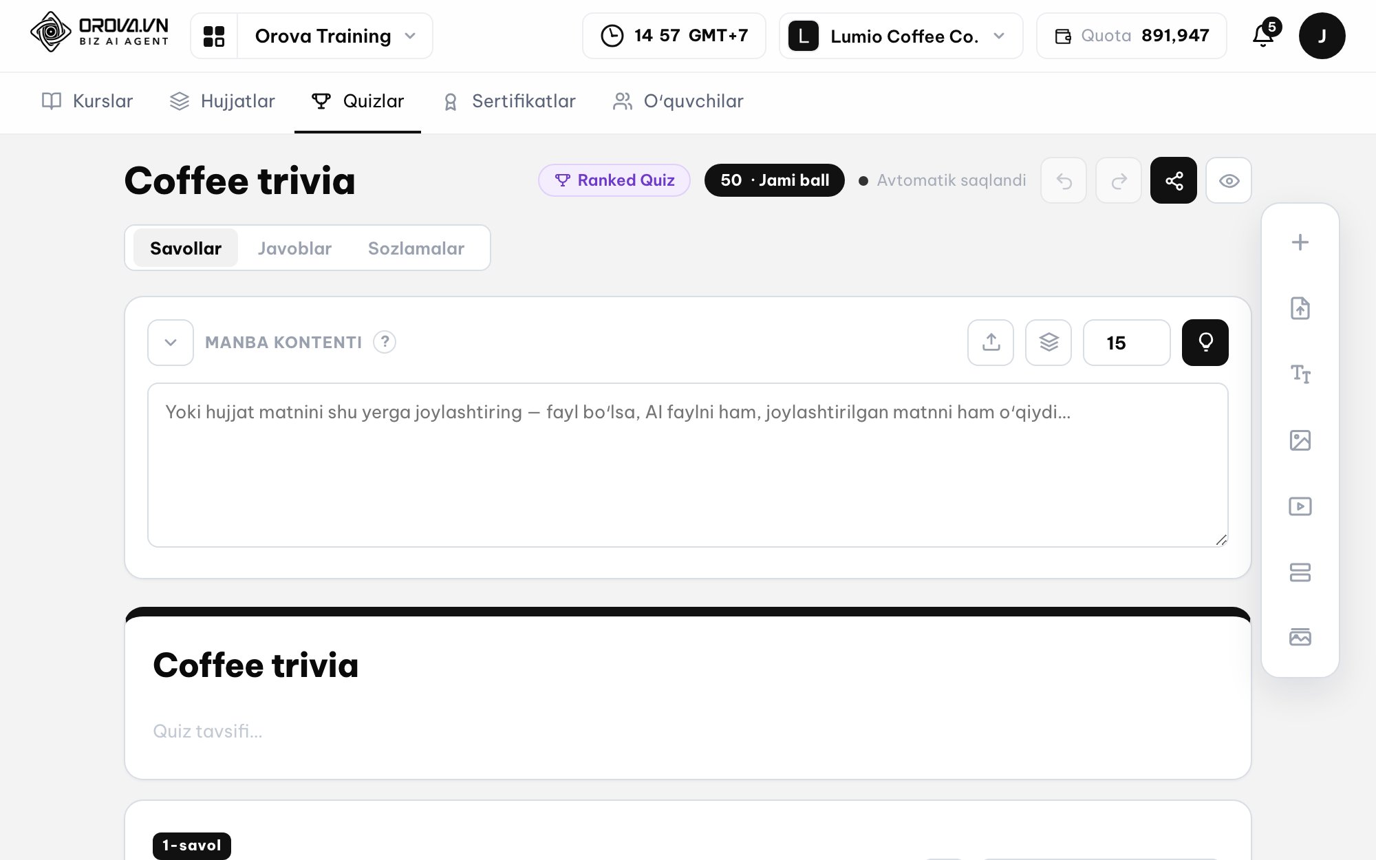 Oʻquv kontentini tez yaratish (AI Generation) — Testlar bir zumda avtomatik yaratiladi