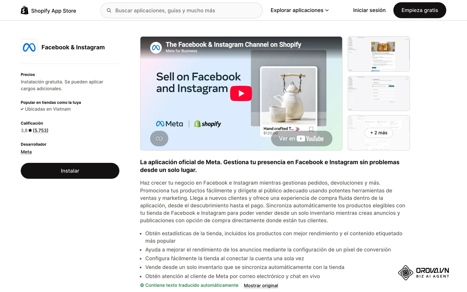 La app oficial de Facebook e Instagram para Shopify envía los datos de tu tienda a Meta, la base de la que aprende Advantage+.