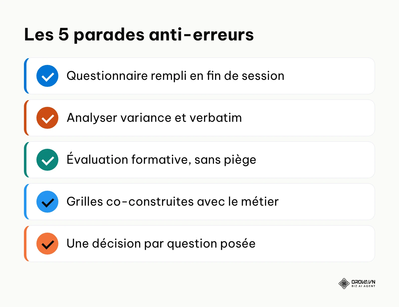 Liste des cinq solutions correctives aux erreurs fréquentes en évaluation de formation.