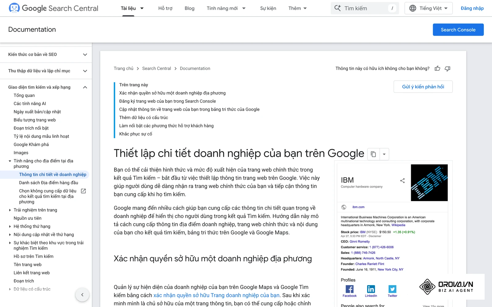 Trang hướng dẫn của Google Search Central về cách thiết lập thông tin doanh nghiệp trên Google, gồm hồ sơ Google Business Profile.