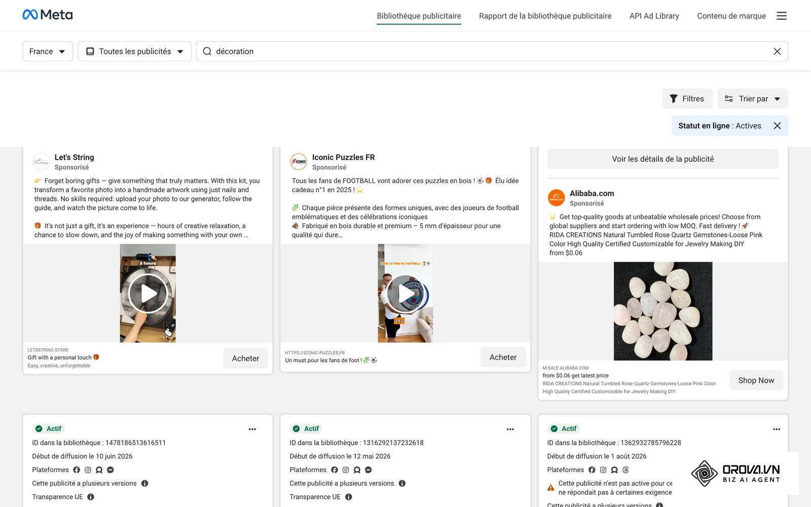 Bibliothèque publicitaire Meta : publicités actives en France pour la recherche « décoration », avec leurs visuels et accroches réellement diffusés.