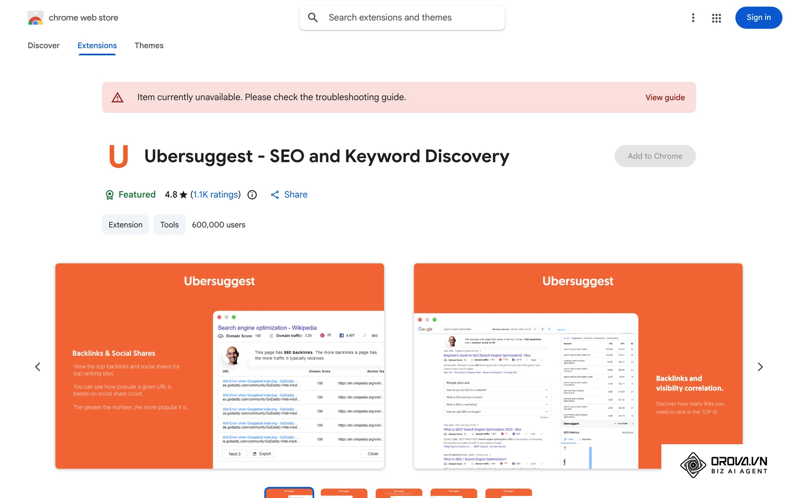 ទំព័រផ្លូវការនៃ Ubersuggest Chrome Extension លើ Chrome Web Store ដែលមានរូបថតអេក្រង់ប្រអប់ទិន្នន័យពាក្យគន្លឹះនៅក្បែរលទ្ធផលស្វែងរក Google។