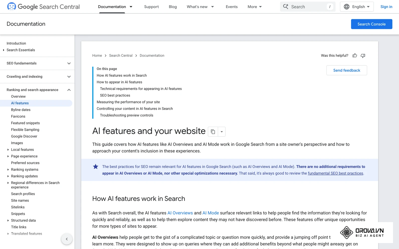 Google Search Central documentation on AI features such as AI Overviews and how they relate to websites.