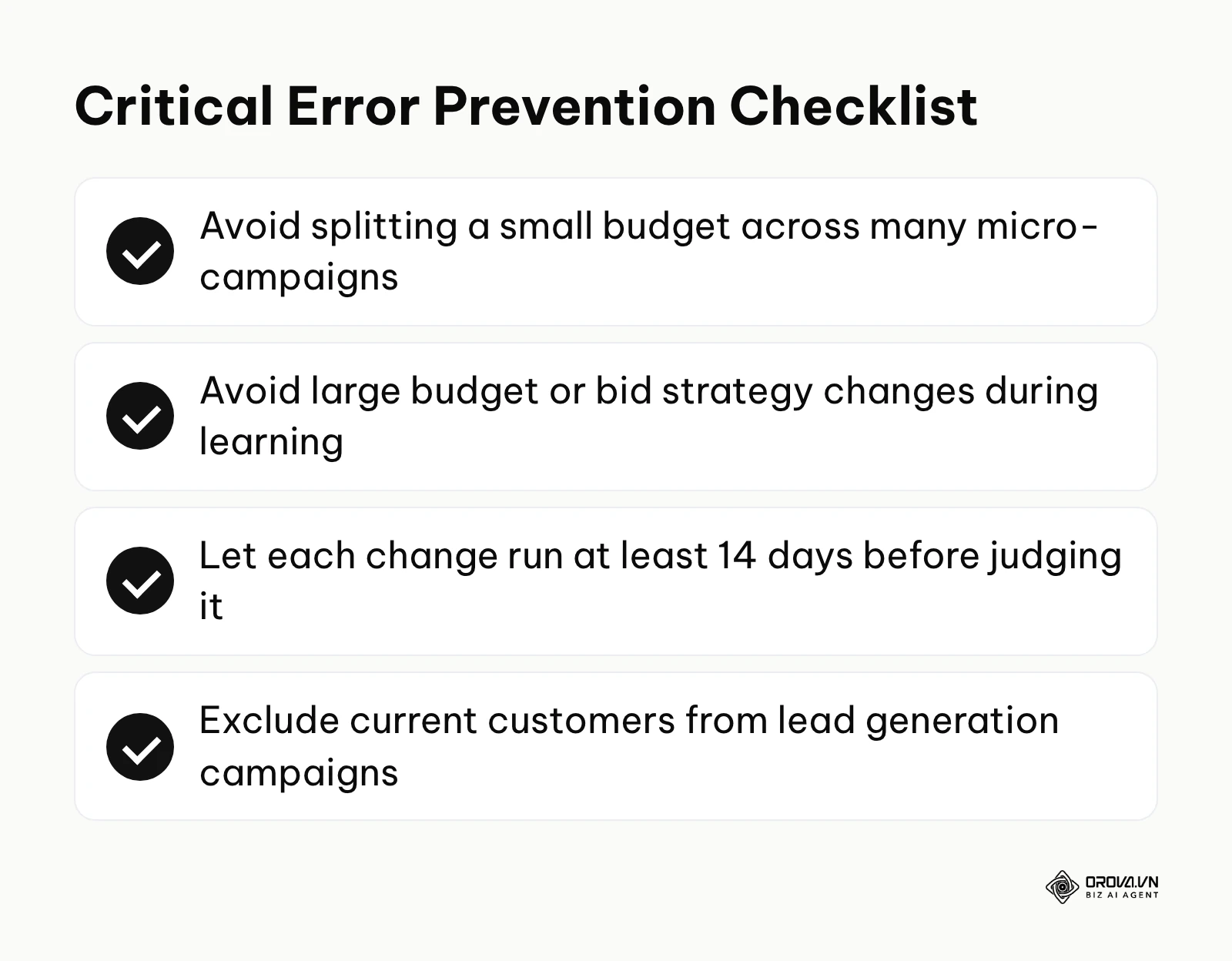 A checklist summarizing the most critical mistakes to avoid when managing a PPC advertising budget.