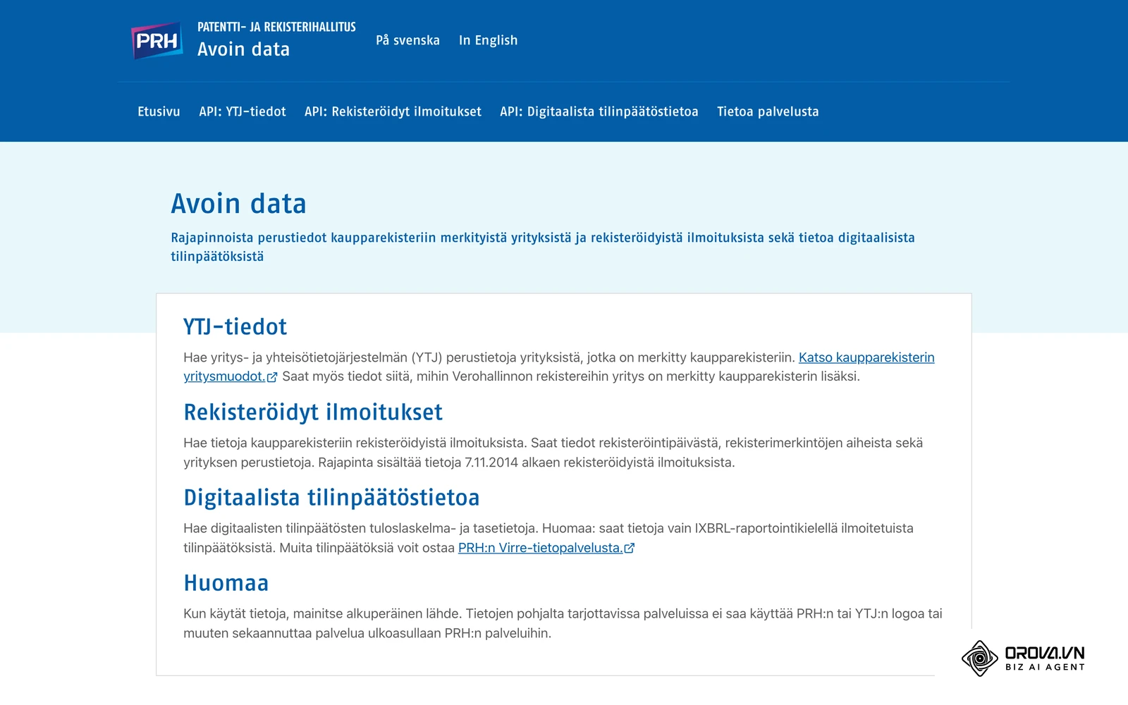 PRH:n avoimen datan palvelu, jonka kautta kaupparekisterin julkisia yritystietoja voi hakea ja tarkistaa.