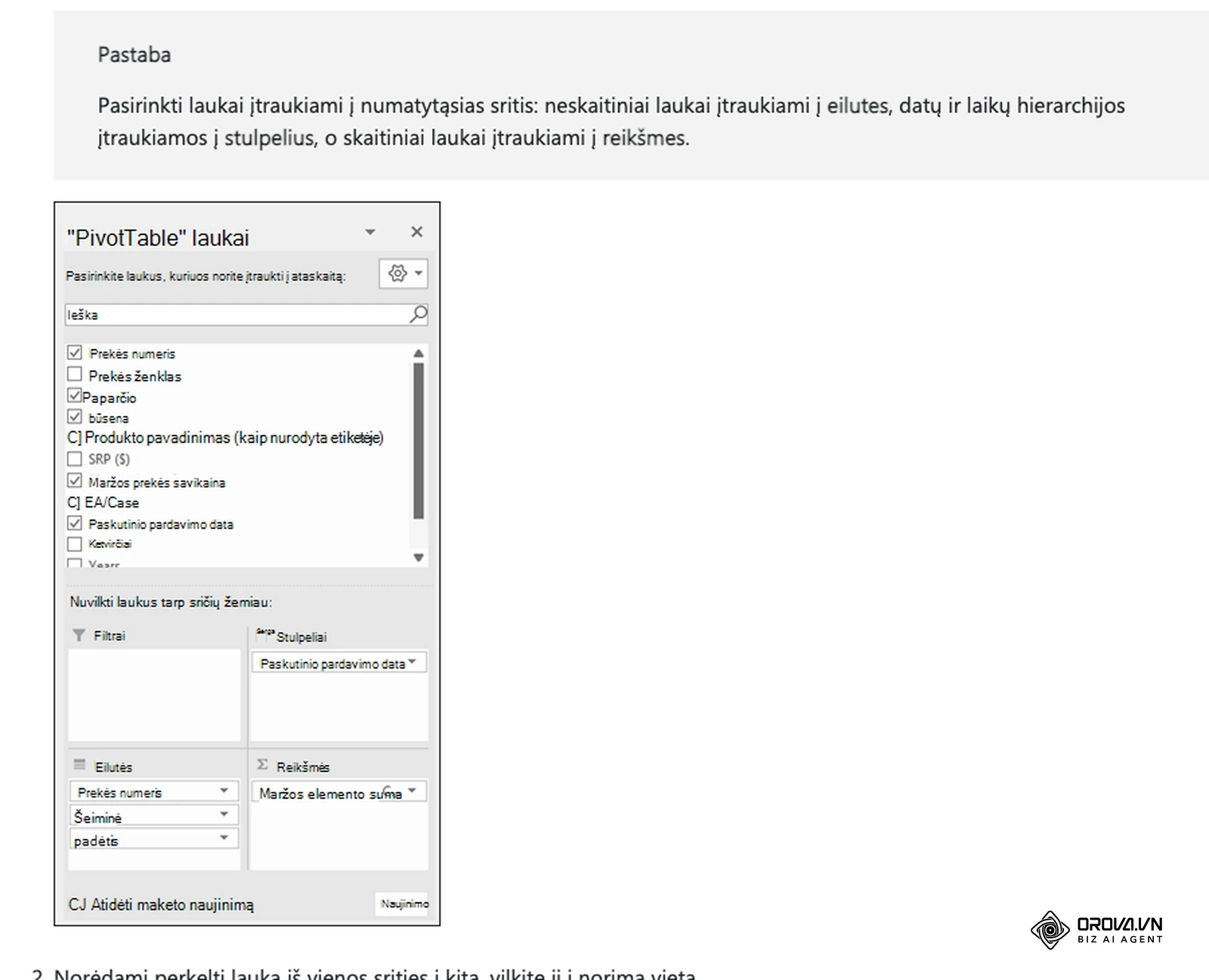„Microsoft“ pagalbos puslapis „„PivotTable“ kūrimas siekiant analizuoti darbalapio duomenis“: „PivotTable“ laukų sritis su filtrais, stulpeliais, eilutėmis ir reikšmėmis.