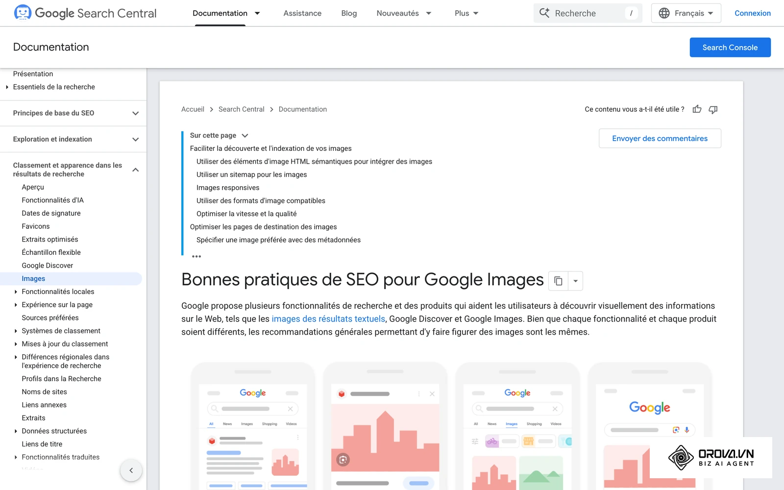 Bonnes pratiques Google pour les images : nom de fichier, texte alternatif, contexte.