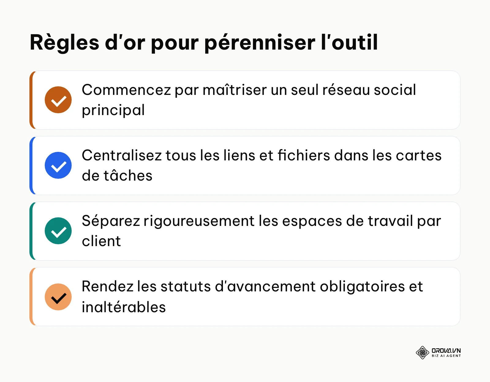 Checklist de quatre actions essentielles pour s'assurer que le calendrier soit utilisé sur le long terme.