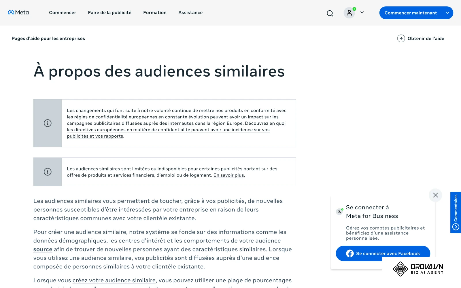 Page d'aide officielle Meta « À propos des audiences similaires » : définition, source et plage de pourcentages.