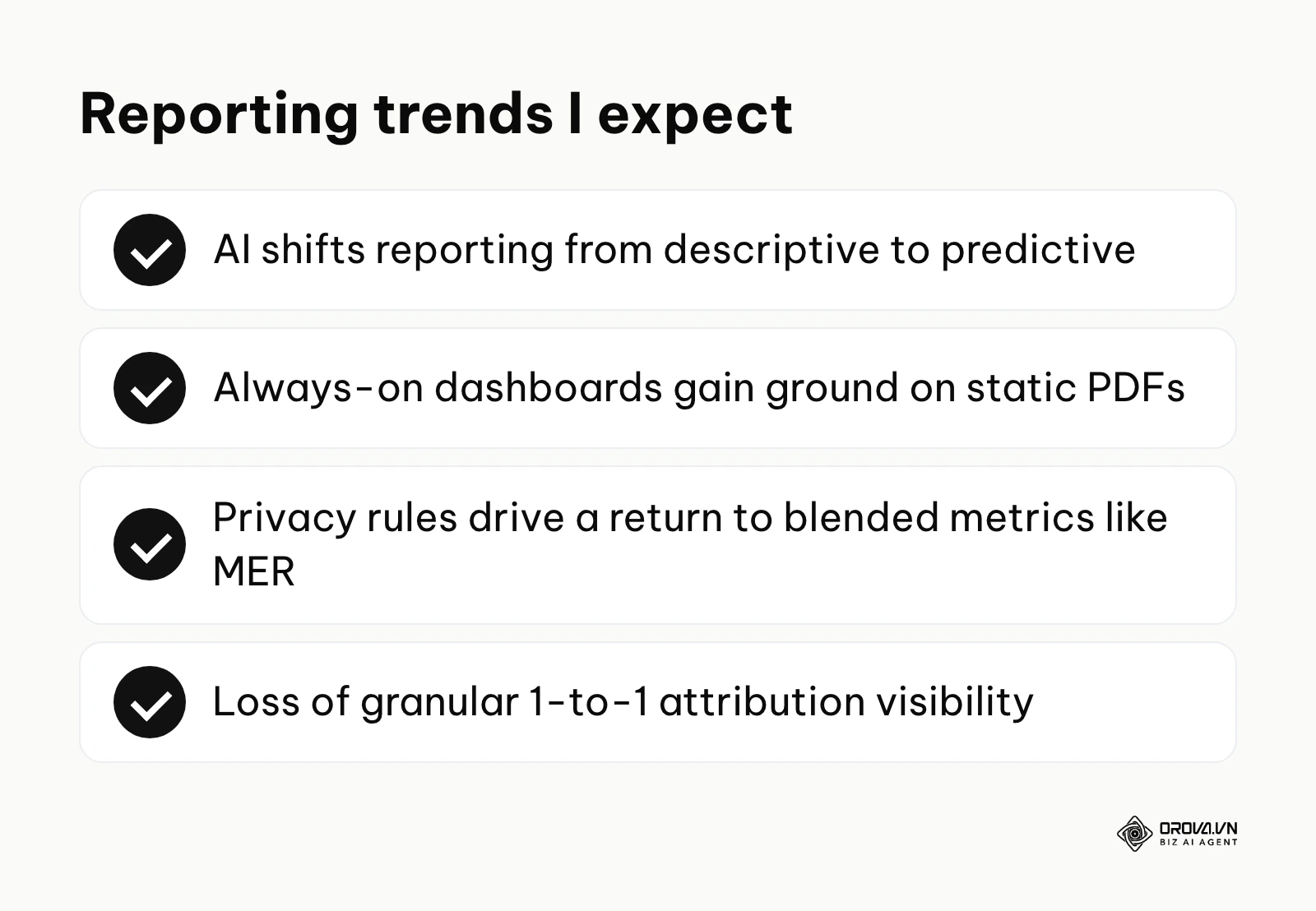Summary of upcoming marketing reporting trends: predictive AI, always-on dashboards, and blended metrics.