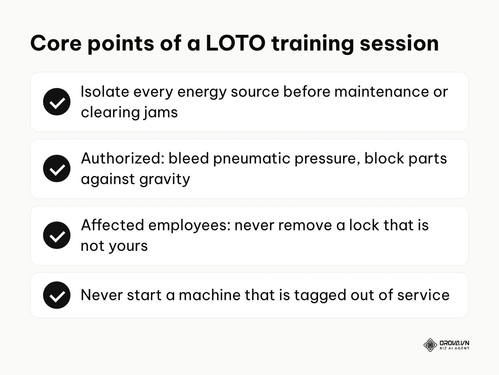 Checklist of lockout/tagout training points for authorized and affected employees.