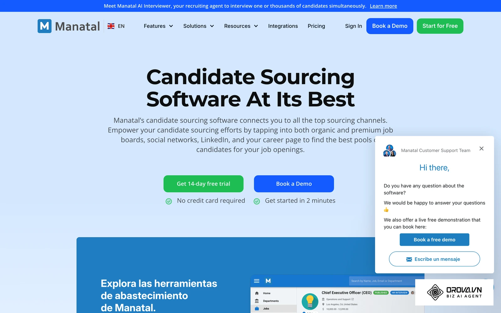 Página oficial de sourcing de candidatos de Manatal: captación desde portales, redes y página de empleo hacia una ficha única.