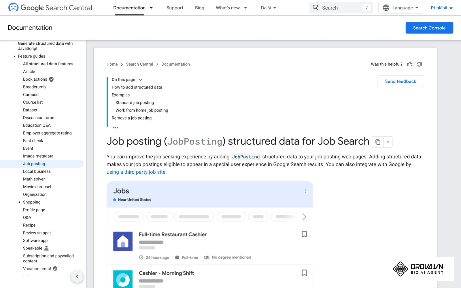 Dokumentace Google Search Central o strukturovaných datech JobPosting s ukázkou přehledu Jobs ve Vyhledávání Google: pracovní nabídky s názvem pozice, typem úvazku a stářím inzerátu.