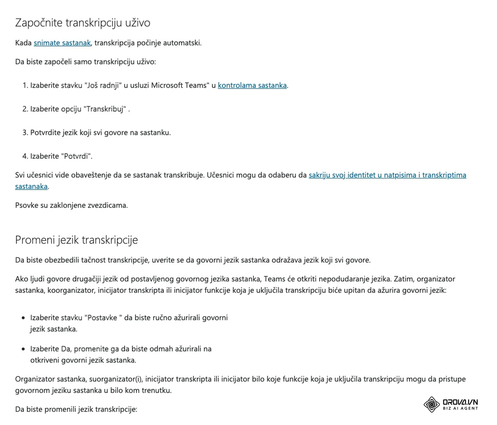 Microsoft podrška na srpskom o transkripciji uživo u Teams-u: kako se pokreće transkripcija i menja govorni jezik sastanka.