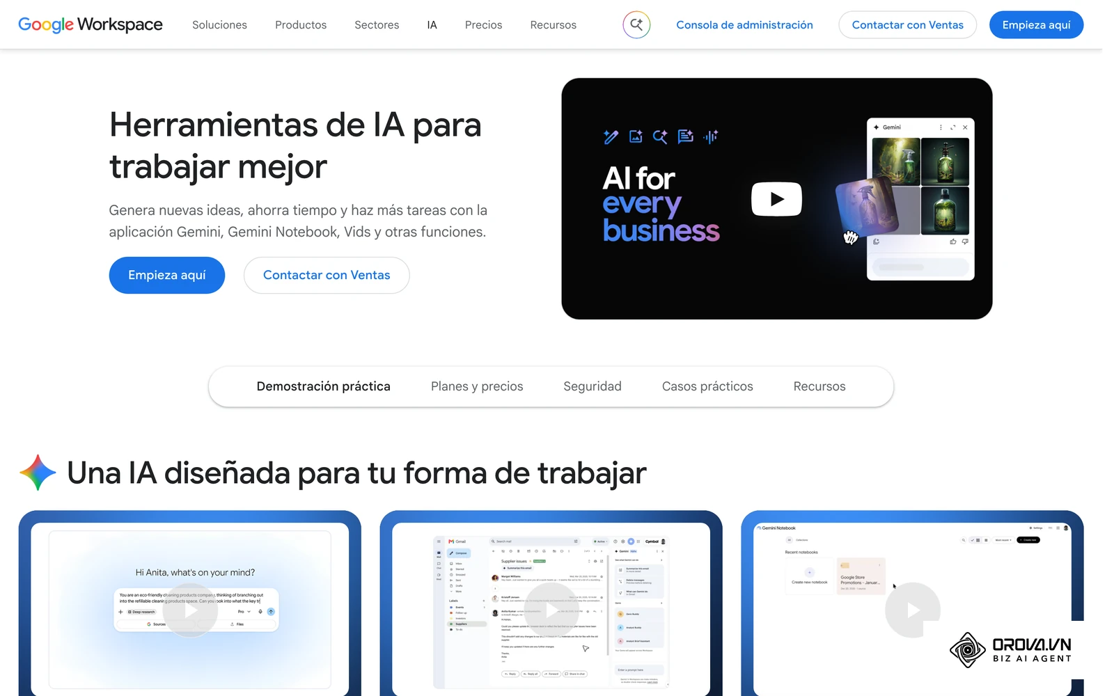 Página oficial de Gemini en Google Workspace: un asistente de IA redacta un borrador dentro de un documento a partir de una instrucción del usuario.