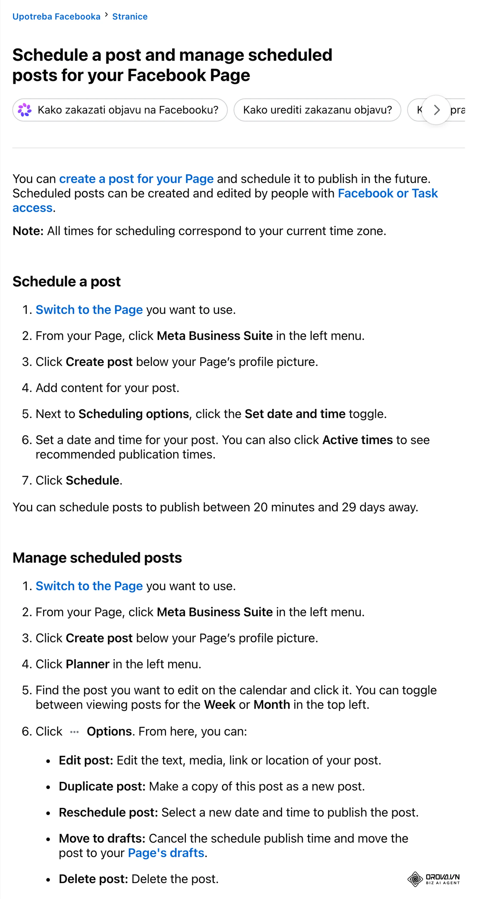 Facebook Centar za pomoć: zakazivanje objave za stranicu u Meta Business Suiteu, Create post, Scheduling options, Set date and time, Active times i Schedule te okvir od 20 minuta do 29 dana.